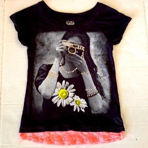 Justice Girls Short-Sleeve Embellished Black with Peach Lacy Hemline Shirt